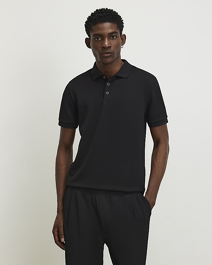 Black Slim Fit Textured Button Polo Shirt