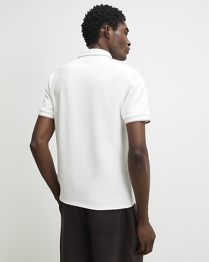 White Slim Fit Textured Button Polo Shirt