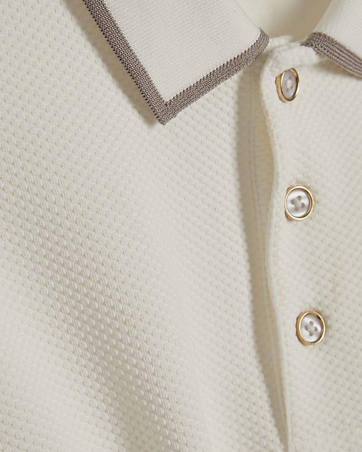 White Slim Fit Textured Button Polo Shirt