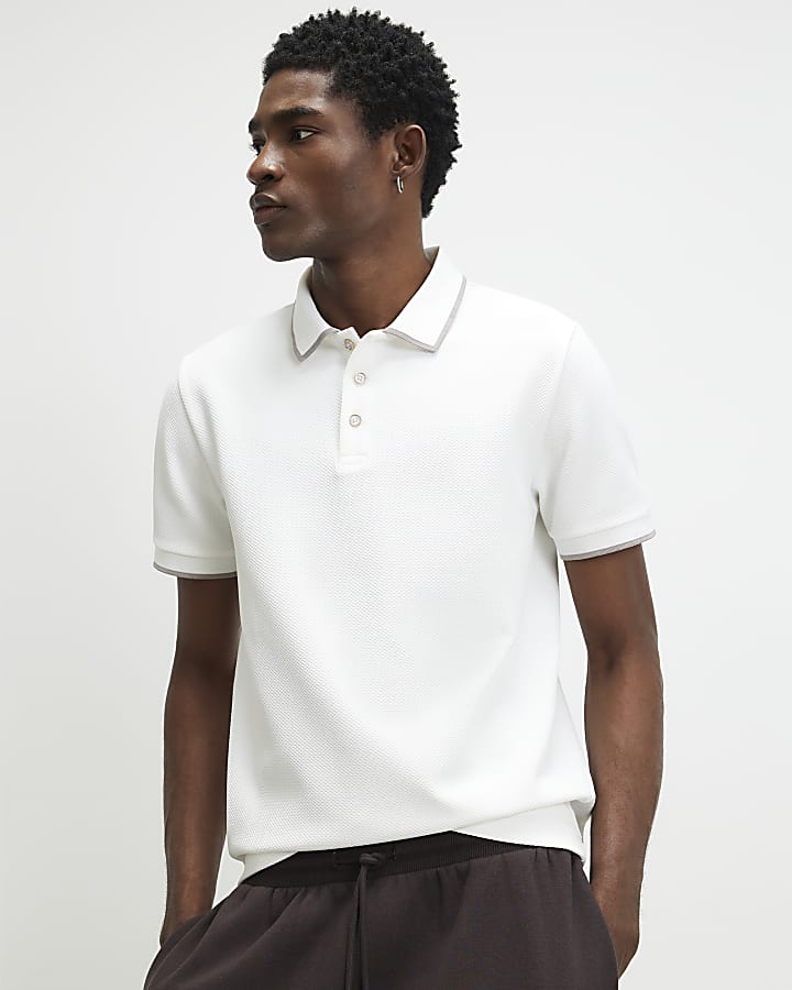 White Slim Fit Textured Button Polo Shirt