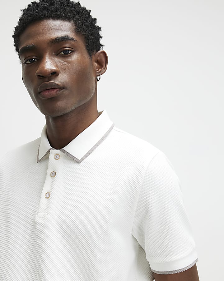 White Slim Fit Textured Button Polo Shirt
