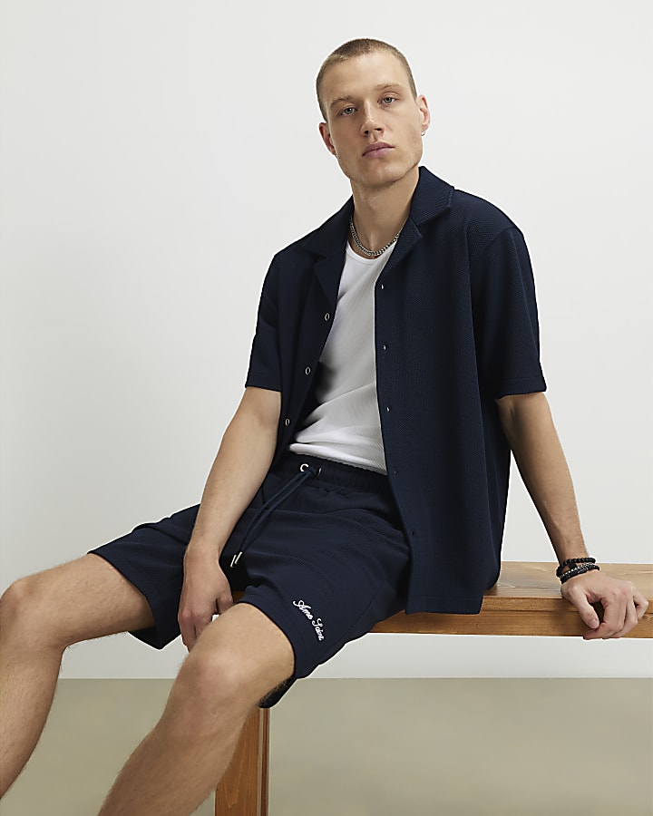Navy Regular Fit Textured Shirt Set