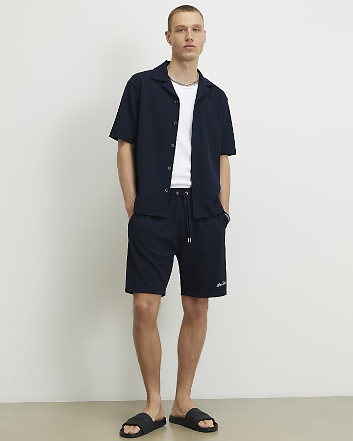 Navy Regular Fit Textured Shirt Set