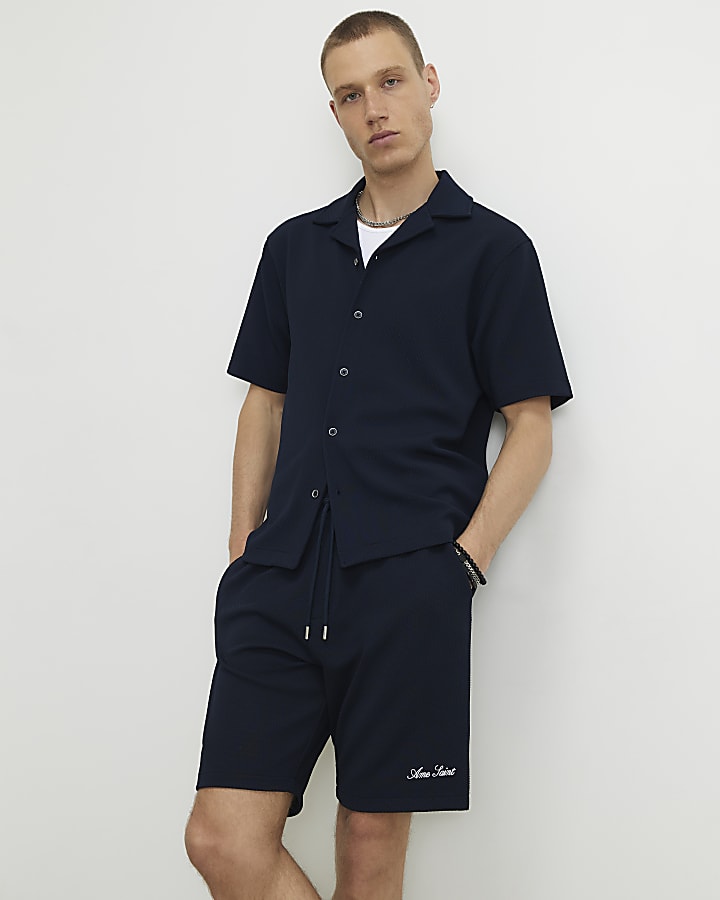 Navy Regular Fit Textured Shirt Set