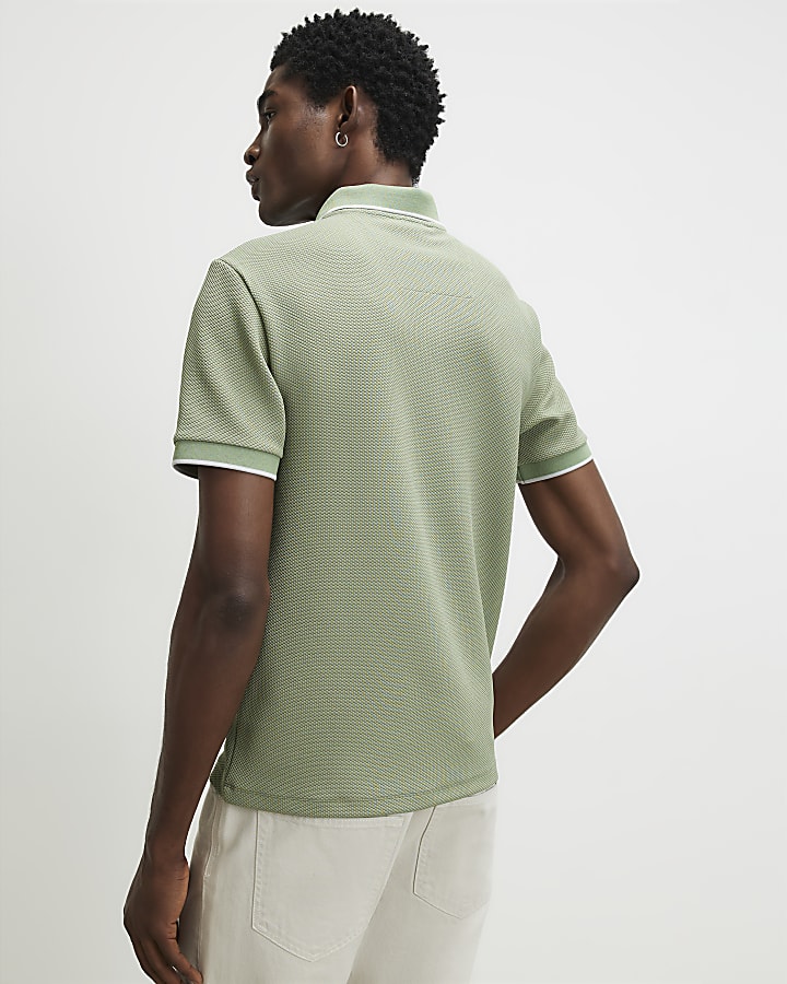 Green Slim Fit Textured Button Polo Shirt