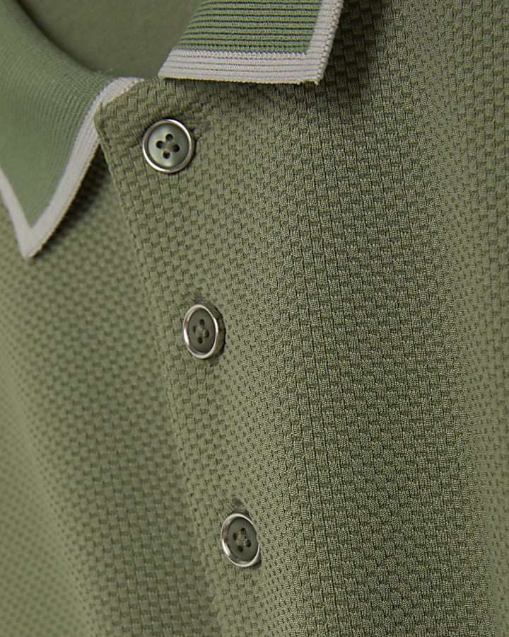 Green Slim Fit Textured Button Polo Shirt