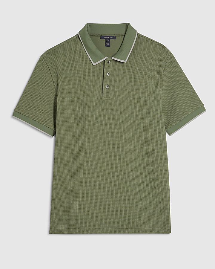 Green Slim Fit Textured Button Polo Shirt
