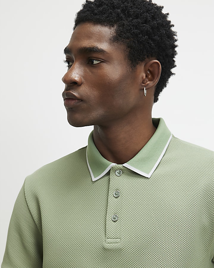 Green Slim Fit Textured Button Polo Shirt