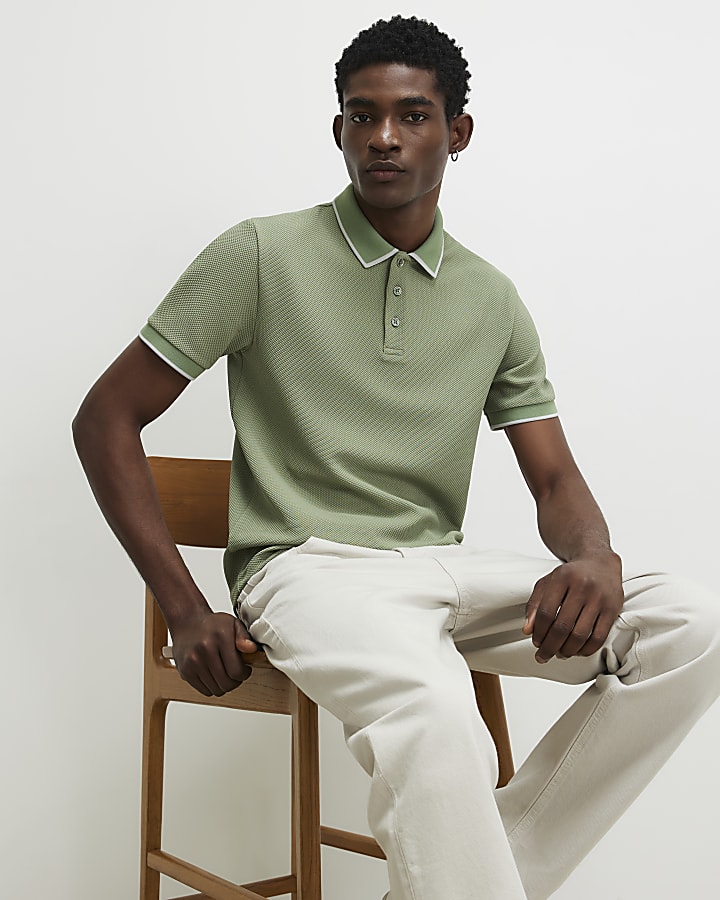 Green Slim Fit Textured Button Polo Shirt