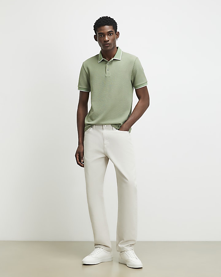 Green Slim Fit Textured Button Polo Shirt