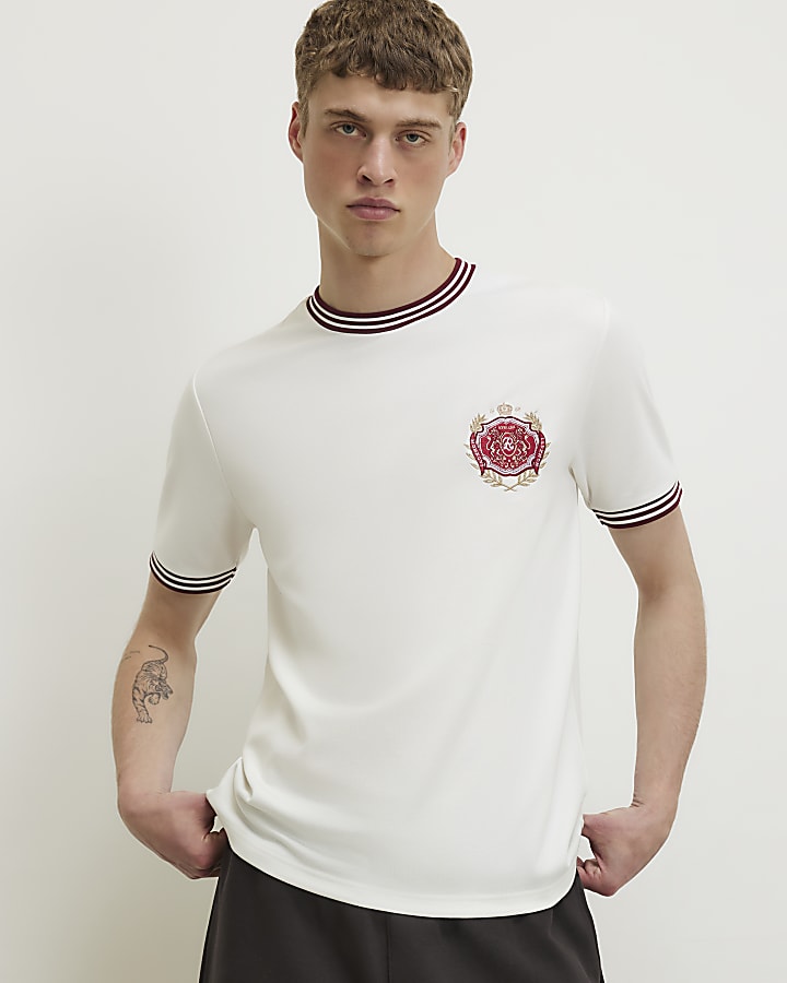 White Slim Fit Embroidered Crest T-Shirt