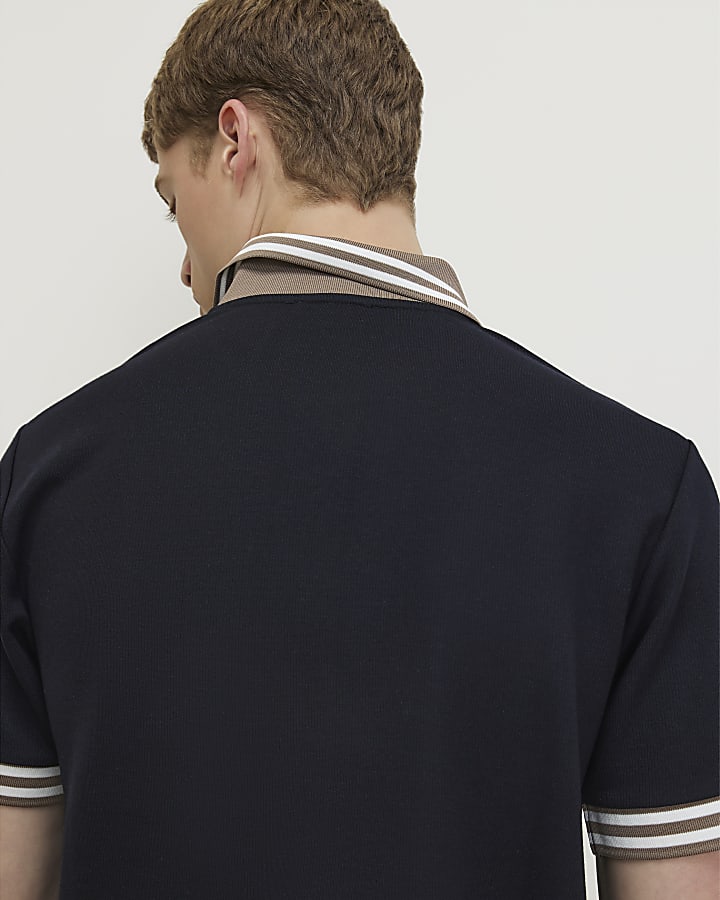 Navy Slim Fit Tipped Crest Polo Shirt