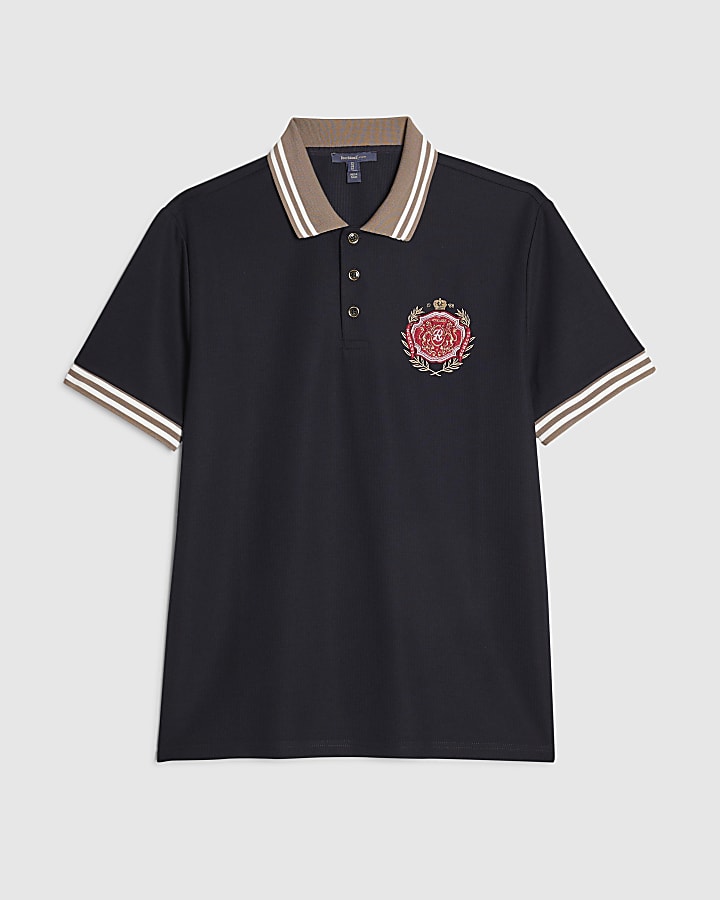 Navy Slim Fit Tipped Crest Polo Shirt