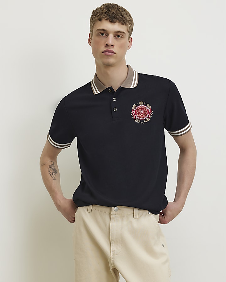 Navy Slim Fit Tipped Crest Polo Shirt