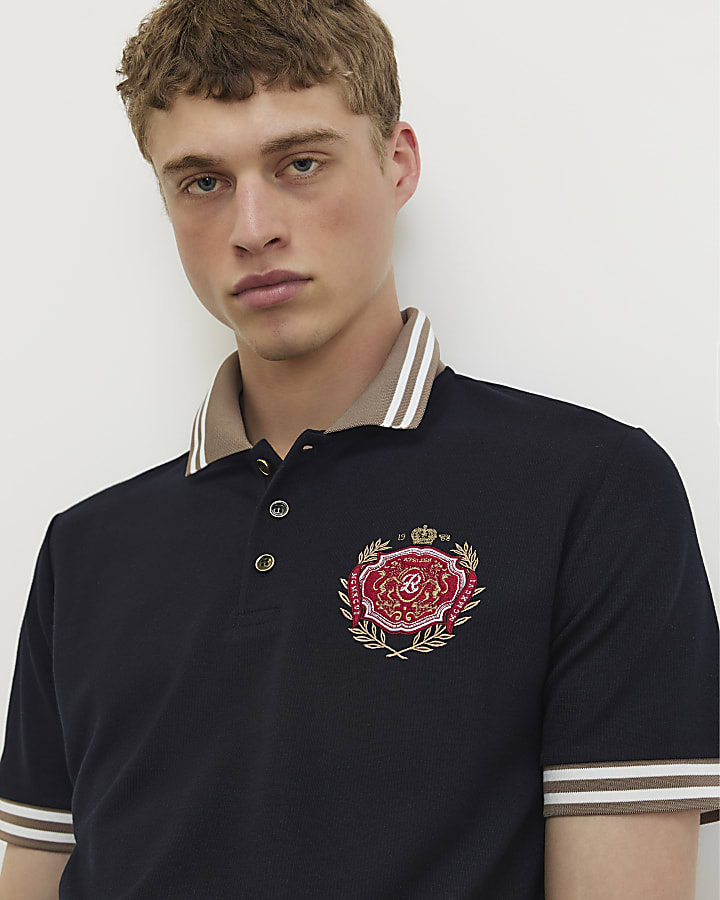 Navy Slim Fit Tipped Crest Polo Shirt
