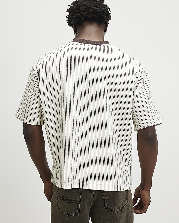 Cream Oversized Fit V Neck Striped T-Shirt
