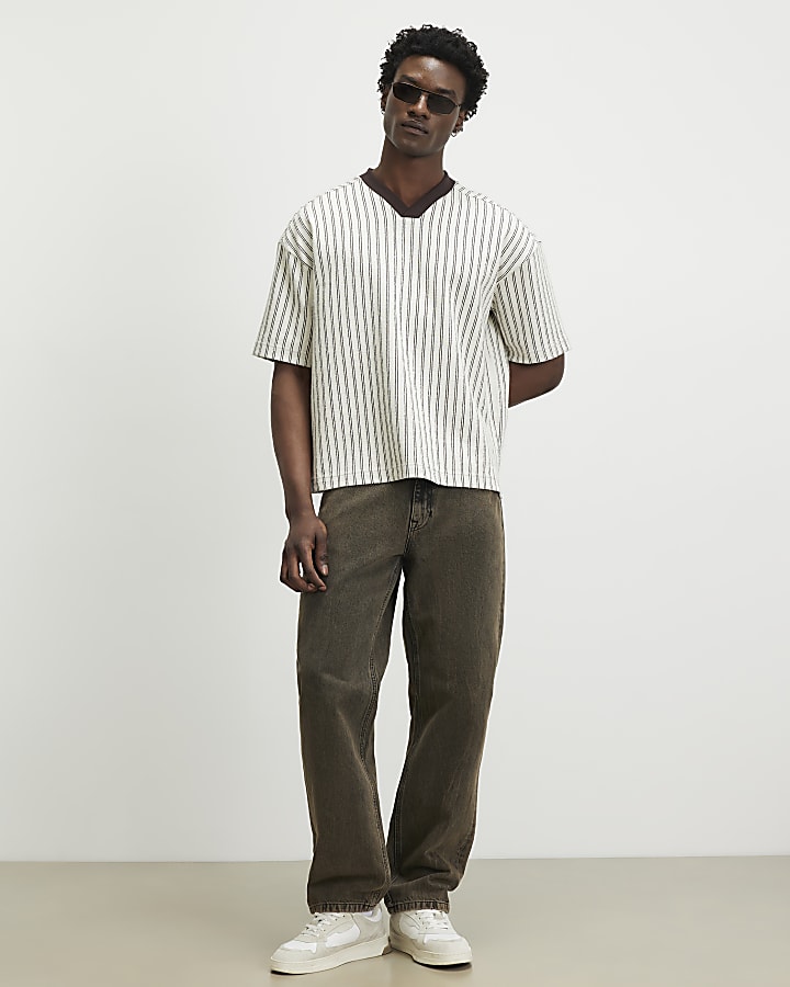 Cream Oversized Fit V Neck Striped T-Shirt