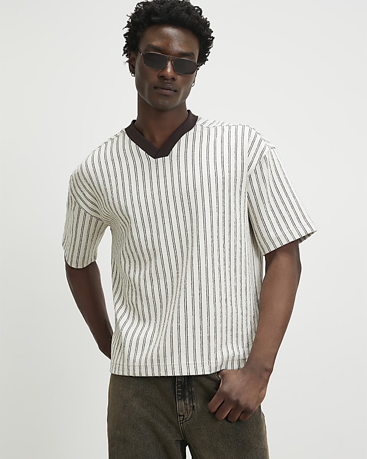Cream Oversized Fit V Neck Striped T-Shirt