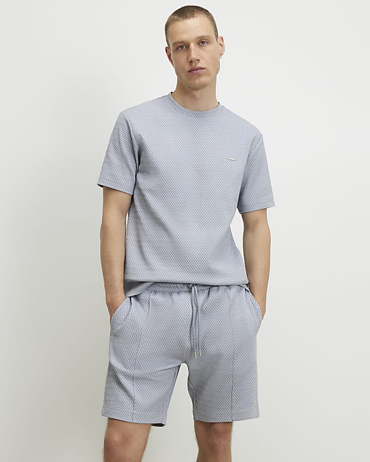 Blue Slim Fit Triangle Jacquard T-Shirt