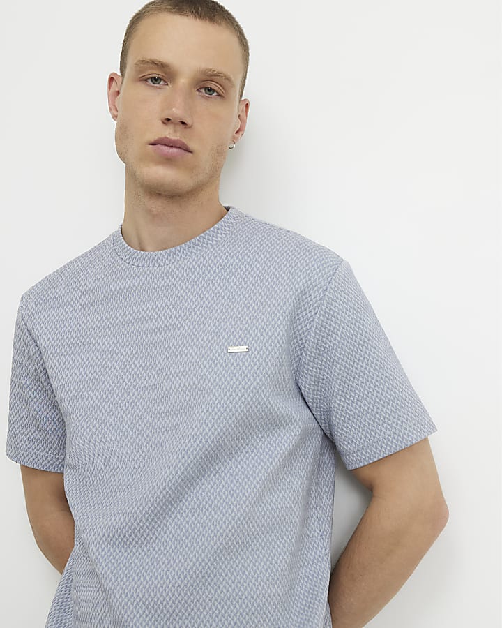 Blue Slim Fit Triangle Jacquard T-Shirt