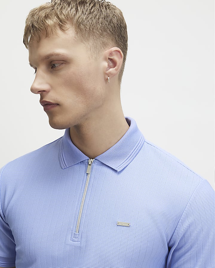 Blue Muscle Fit Textured Polo Shirt