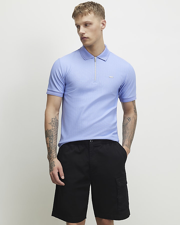 Blue Muscle Fit Textured Polo Shirt