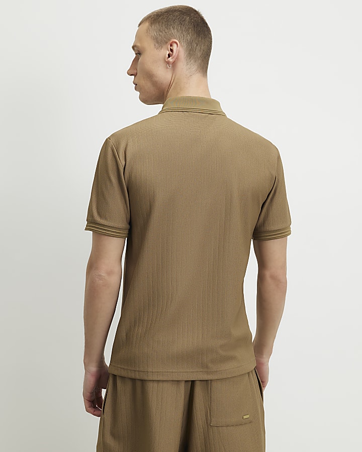 Brown Muscle Fit Quarter Zipped Polo Shirt