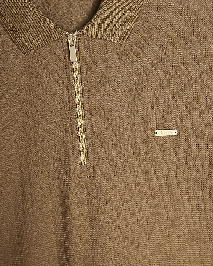 Brown Muscle Fit Quarter Zipped Polo Shirt