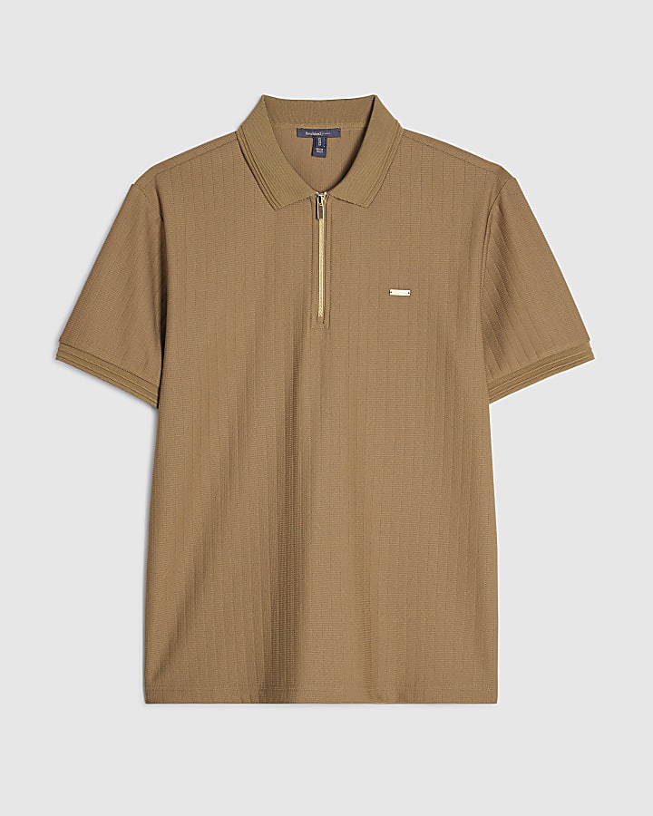 Brown Muscle Fit Quarter Zipped Polo Shirt