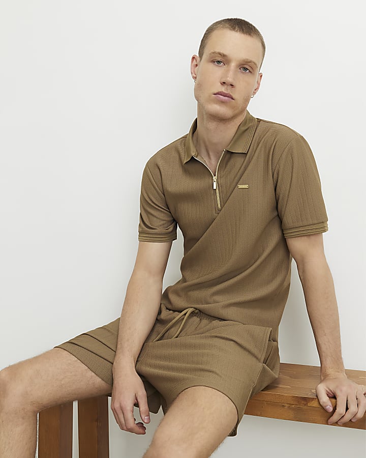 Brown Muscle Fit Quarter Zipped Polo Shirt