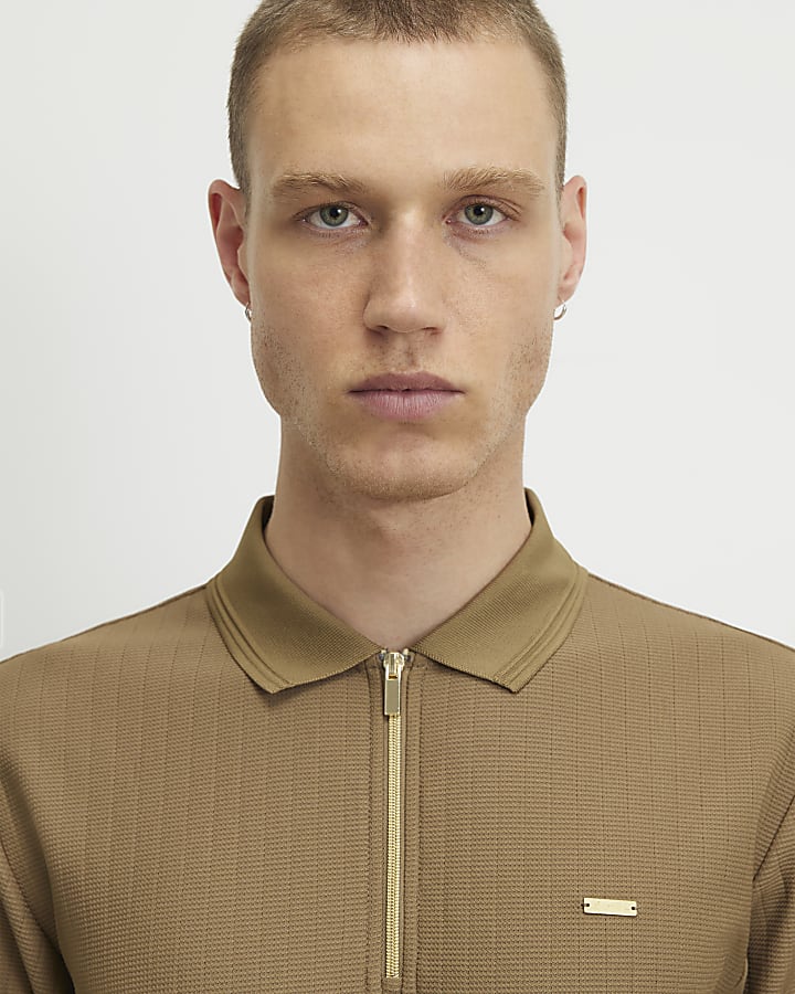 Brown Muscle Fit Quarter Zipped Polo Shirt