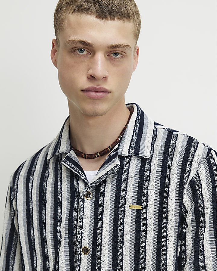Grey Regular Fit Stripe Towelling Shirt