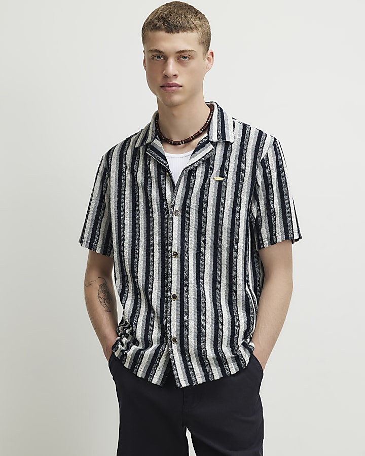 Grey Regular Fit Stripe Towelling Shirt