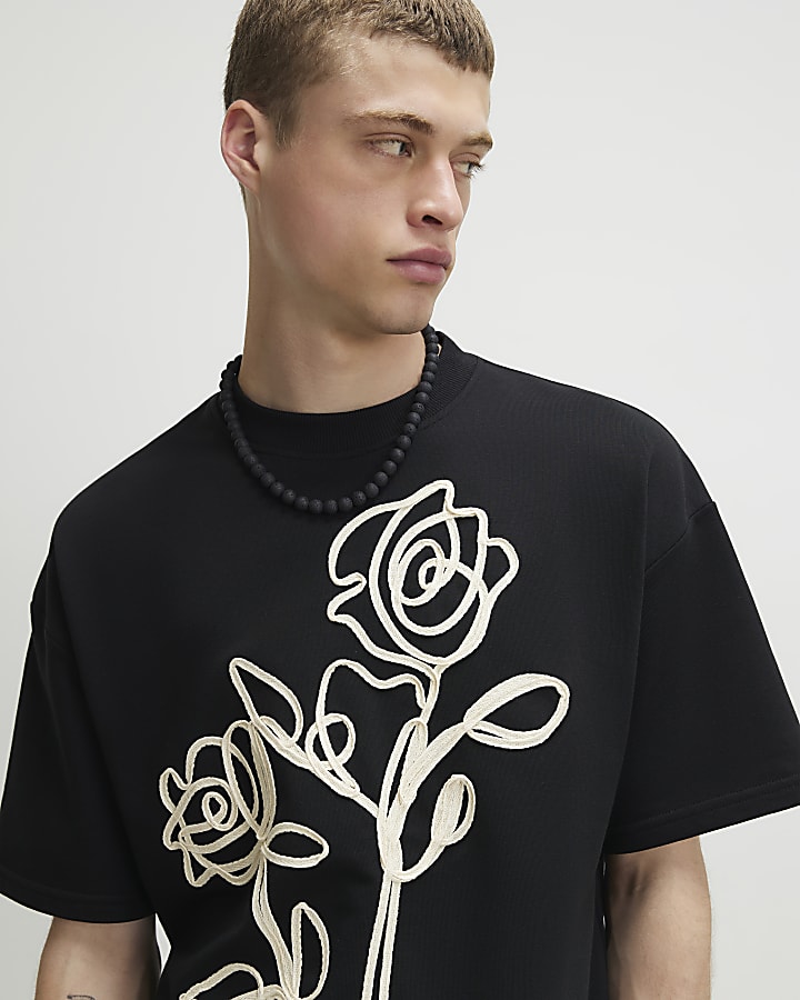 Black Oversized Fit Roping T-Shirt