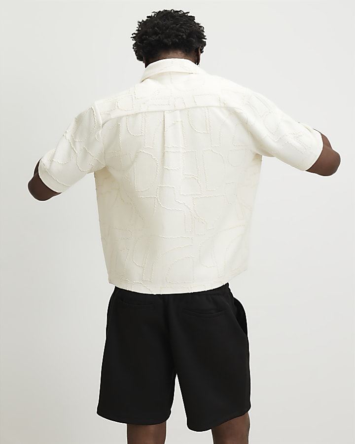 Cream Oversized Fit Geometric Textured Shirt