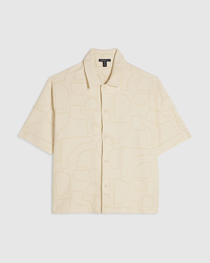 Cream Oversized Fit Geometric Textured Shirt