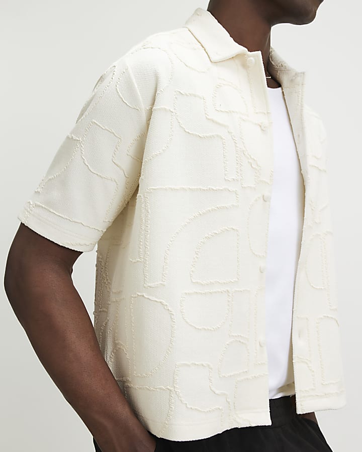 Cream Oversized Fit Geometric Textured Shirt