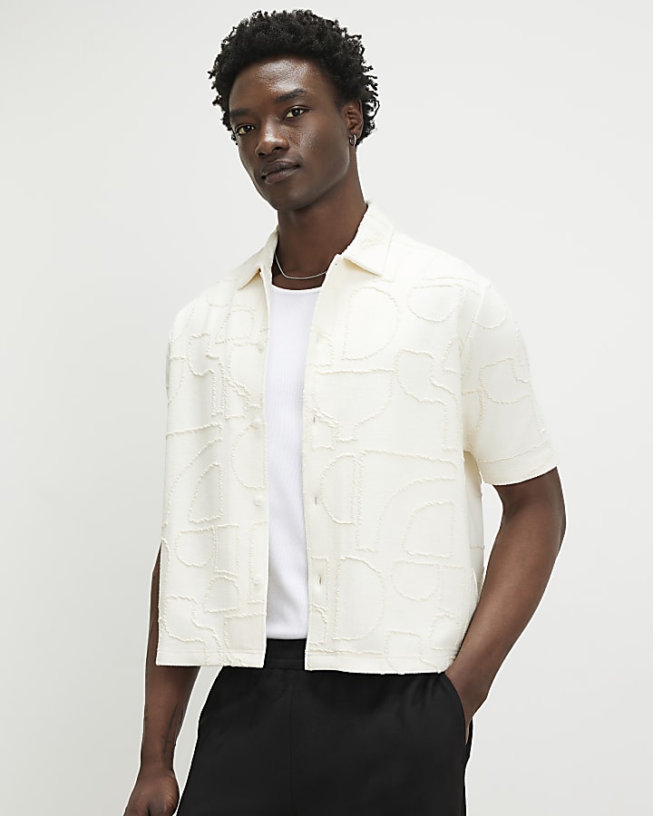 Cream Oversized Fit Geometric Textured Shirt
