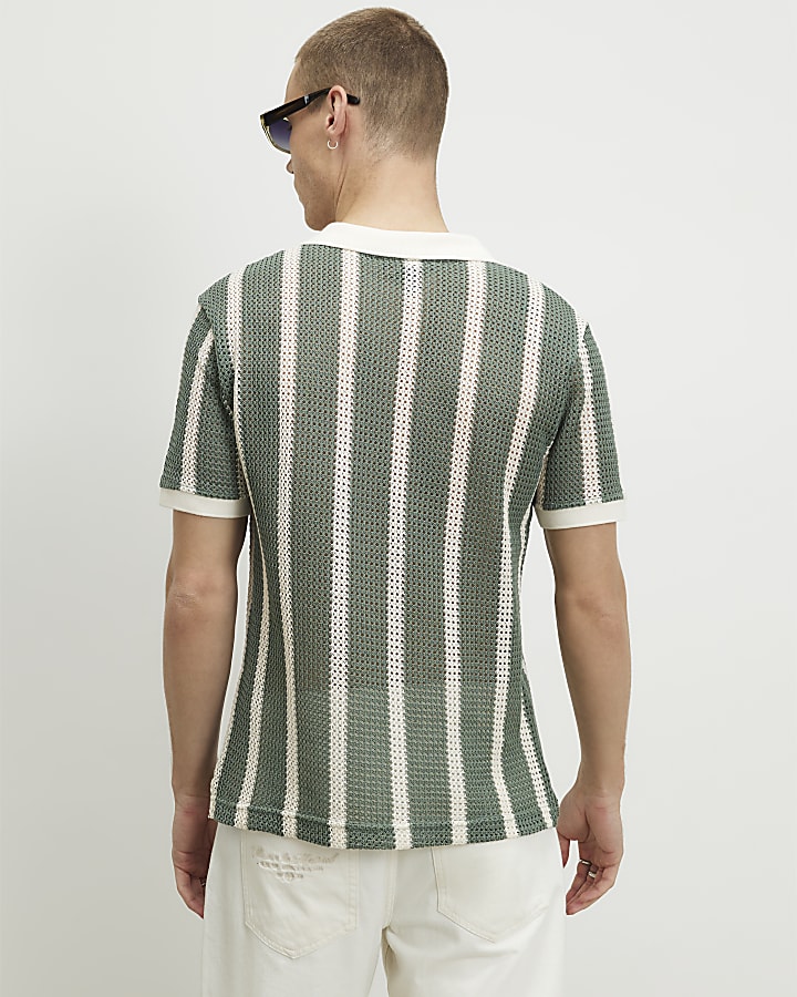 Green Slim Fit Crochet Open Neck Shirt