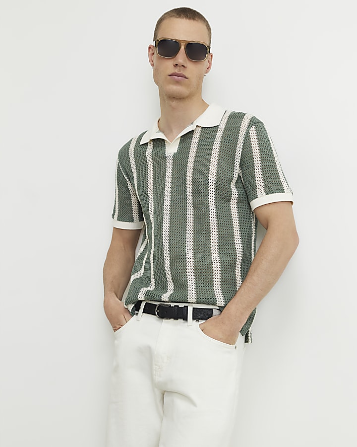 Green Slim Fit Crochet Open Neck Shirt