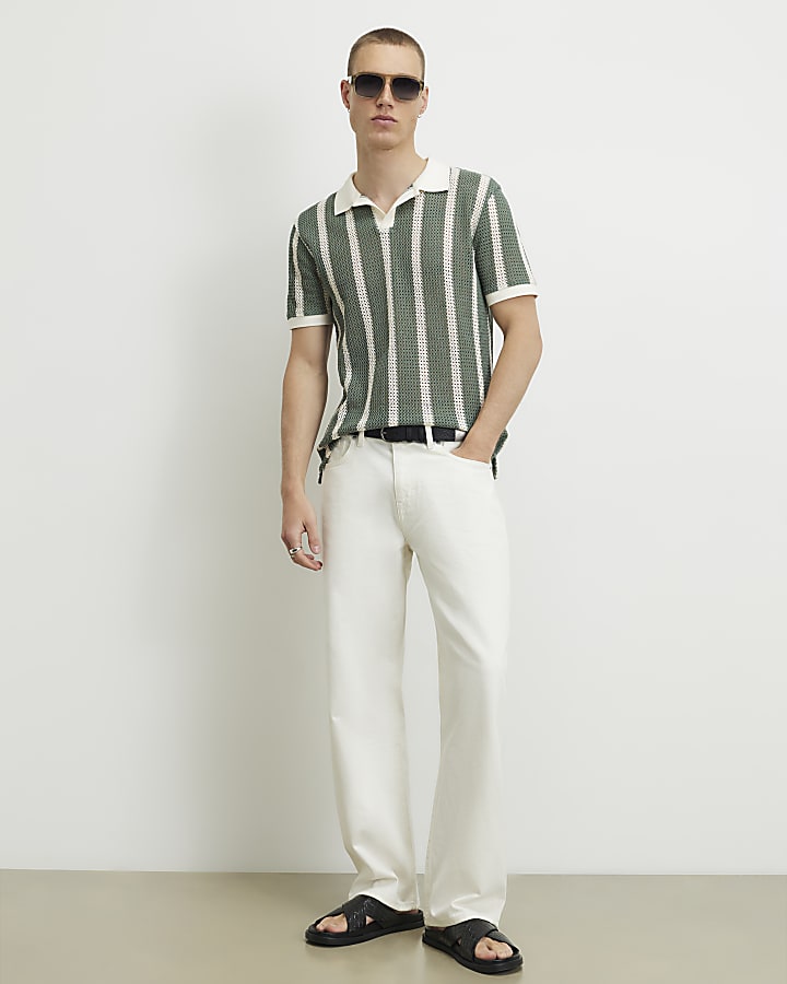 Green Slim Fit Crochet Open Neck Shirt