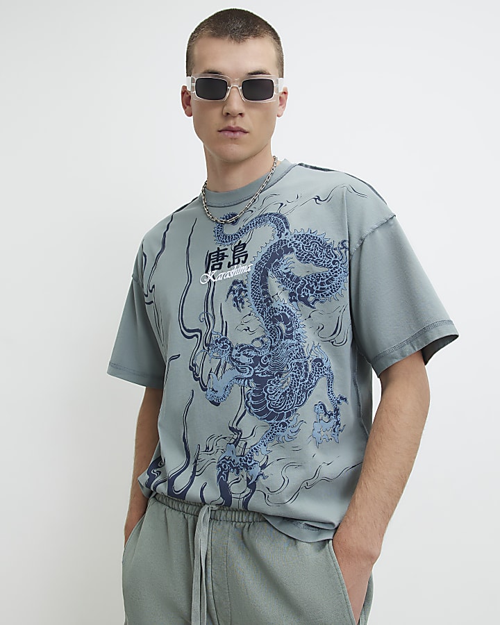 Blue Oversized Fit Washed Karashima T-Shirt