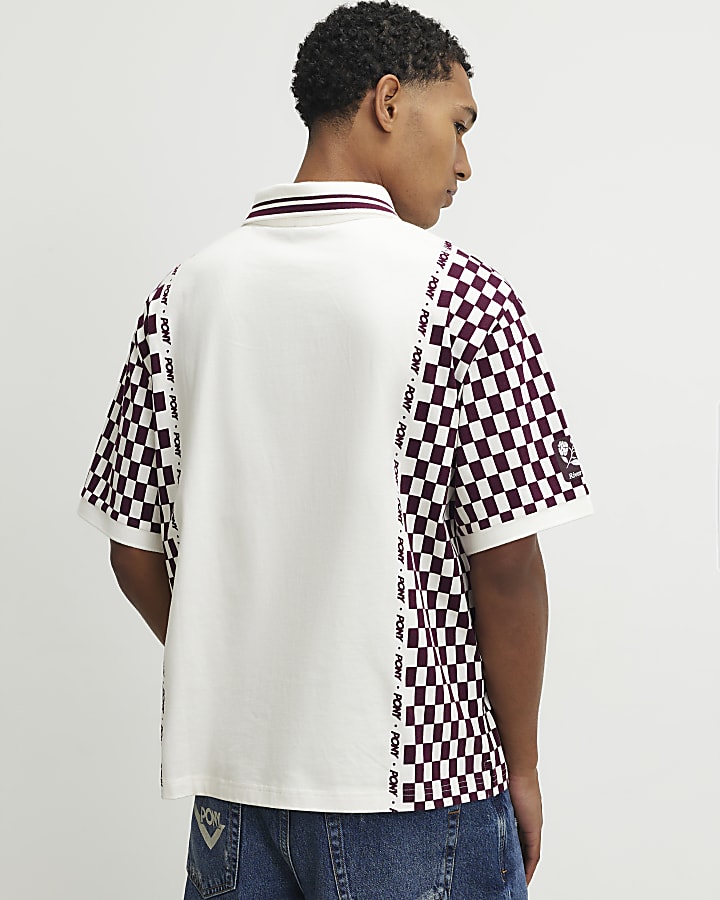 White Oversized Check Print Polo Top