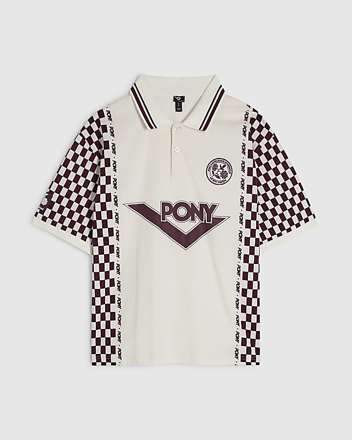 White Oversized Check Print Polo Top