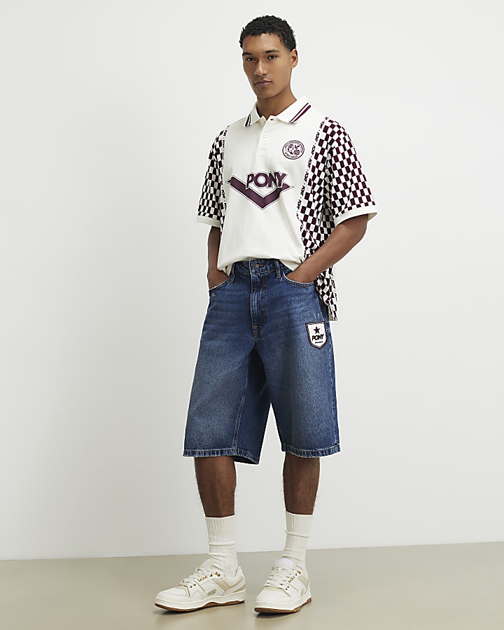 White Oversized Check Print Polo Top