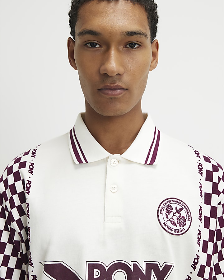 White Oversized Check Print Polo Top