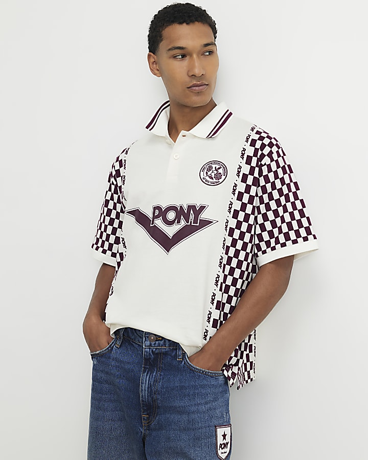 White Oversized Check Print Polo Top