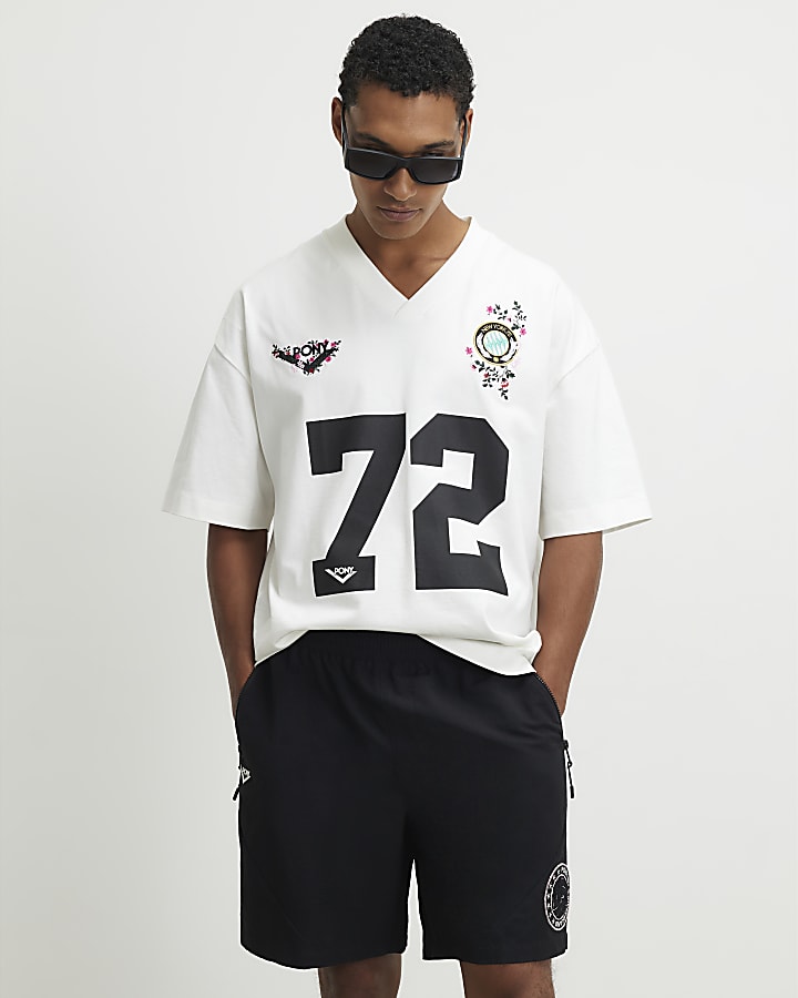 White Oversized Floral V Neck T-Shirt