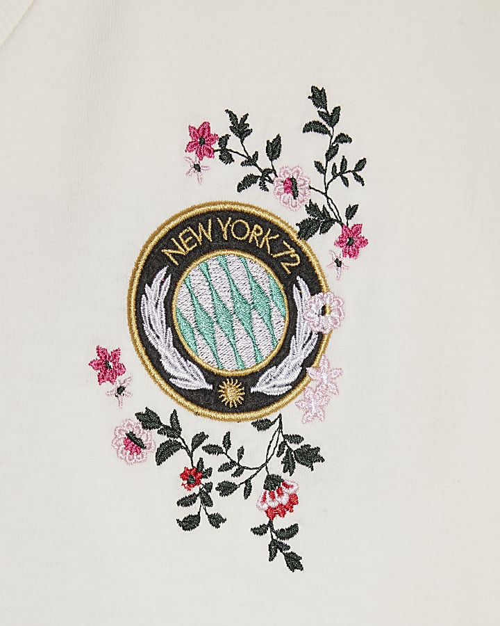 White Oversized Floral V Neck T-Shirt