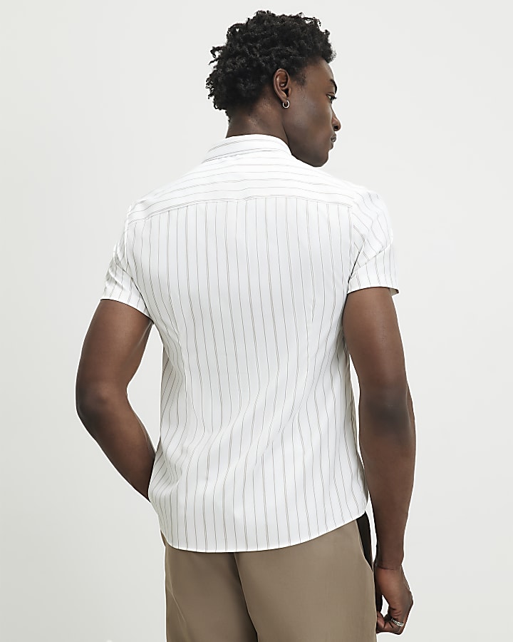 White Short Sleeve Muscle Fit Stripe Shirt